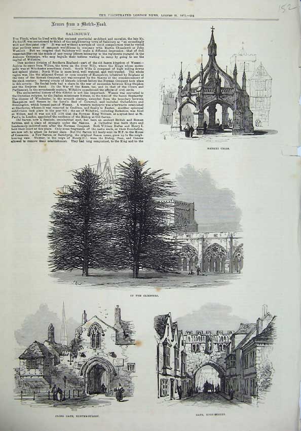 Old Antique Print Salisbury1872 Market Cross Cloisters Gate Exeter Street 19th