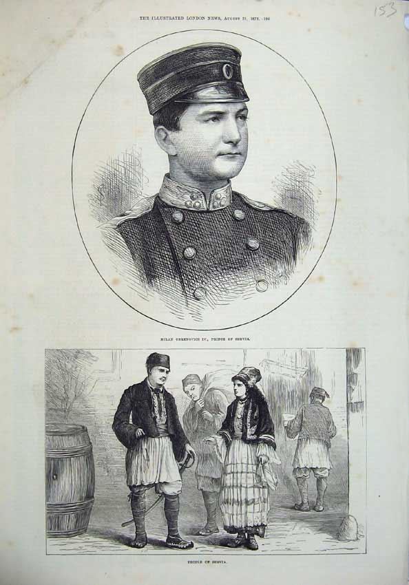 Old Antique Print 1872 Portrait Man Milan Obrenovics Prince Servia People 19th