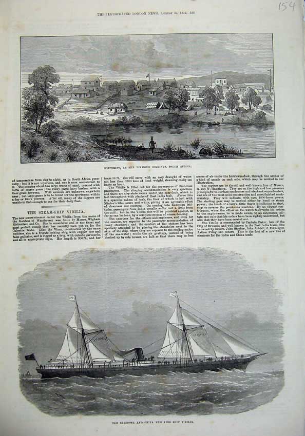 Original Old Antique Print 1872 Klipdrift Diamond Diggings Africa Calcutta Ship