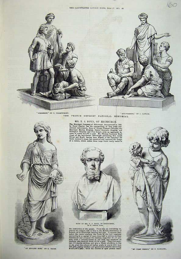 Original Old Antique Print 1872 Prince Consort National Memorial Bust Boyd Girl