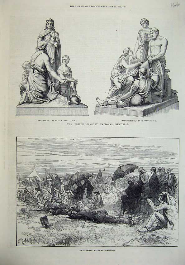 Old Antique Print 1872 Prince Consort Memorial Canadian Rifles Wimbledon 19th