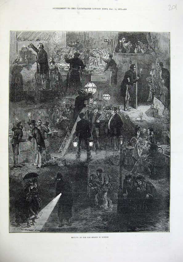 Original Old Antique Print 1872 Fine Art Gas Strike London Candles Shops 19th