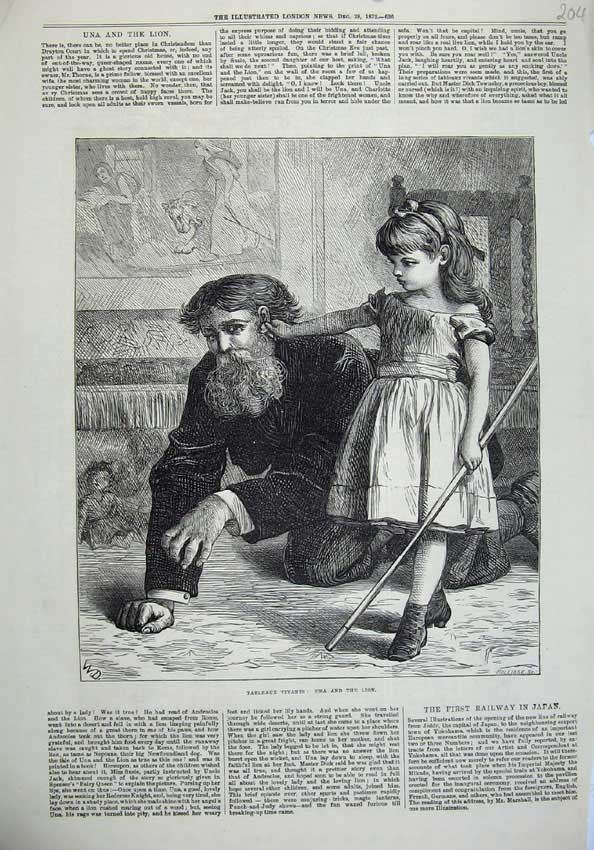 Old Antique Print 1872 Tableaux Vivants Una Lion Man Little Girl Playing 19th