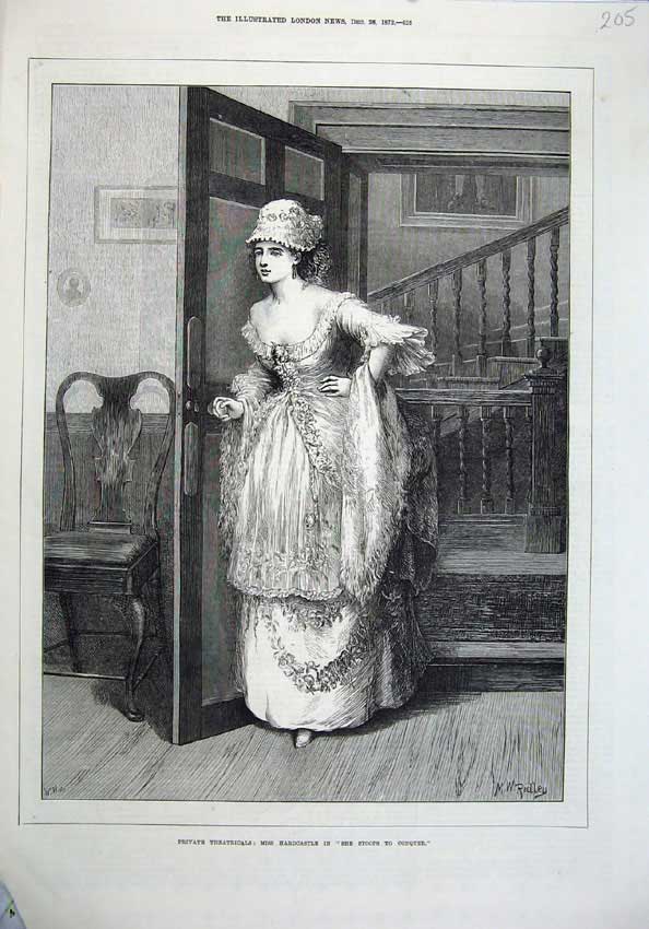 Old Antique Print 1872 Theatricals Miss Hardcastle Stoops Conquer Theatre 19th