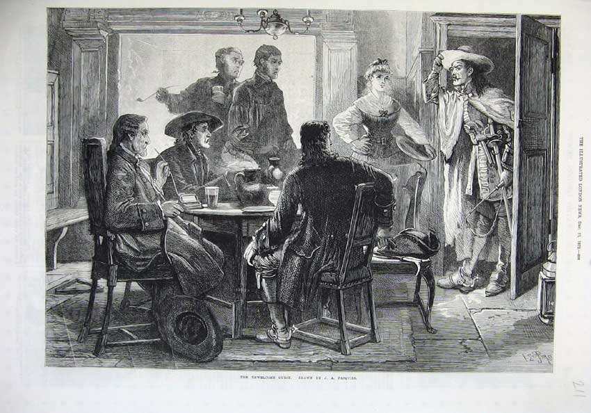Old Antique Print 1872 Unwelcome Guest Men Dinner Table Drinking Fine Art 19th