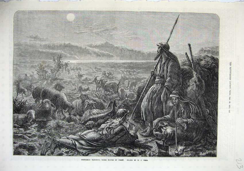 Old Antique Print 1872 Shepherds Watching Flocks Sheep Moonlight Fine Art 19th