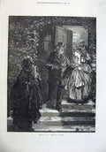 Original Old Antique Print 1872 House Door Step Night Scene People Candle-Light