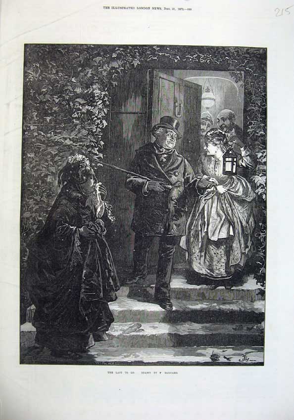 Original Old Antique Print 1872 House Door Step Night Scene People Candle-Light
