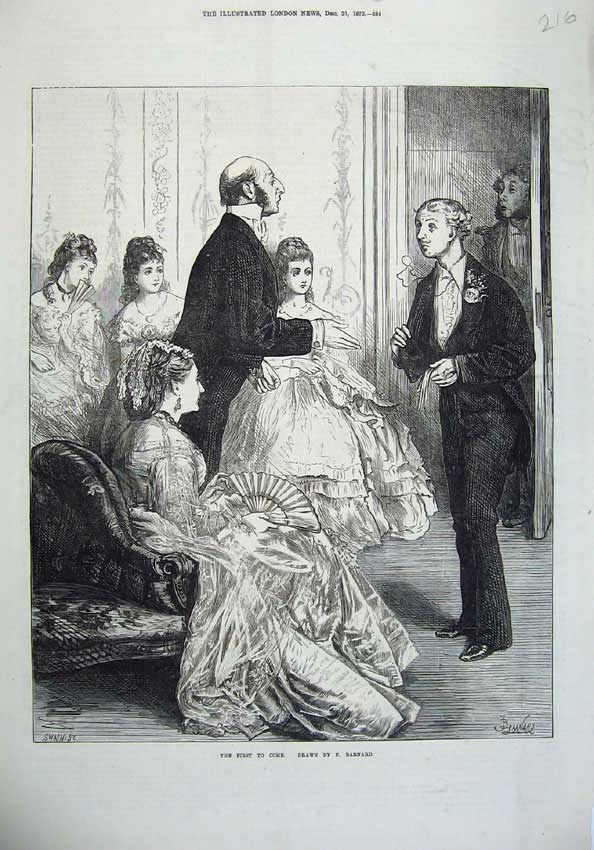 Original Old Antique Print 1872 Romance Dancing Men Women Barnard Victorian