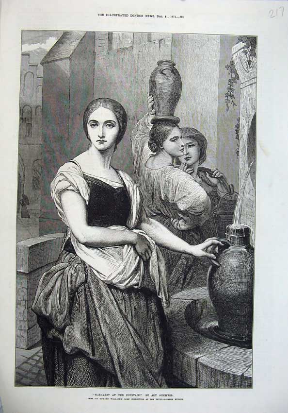 Original Old Antique Print 1872 Margaret Fountain Women Water Jugs Fine Art