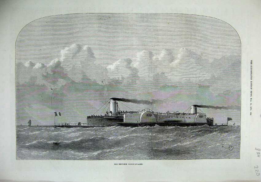 Original Old Antique Print 1872 Fine Art Bressemer Saloon Steamer Ship Sea 19th