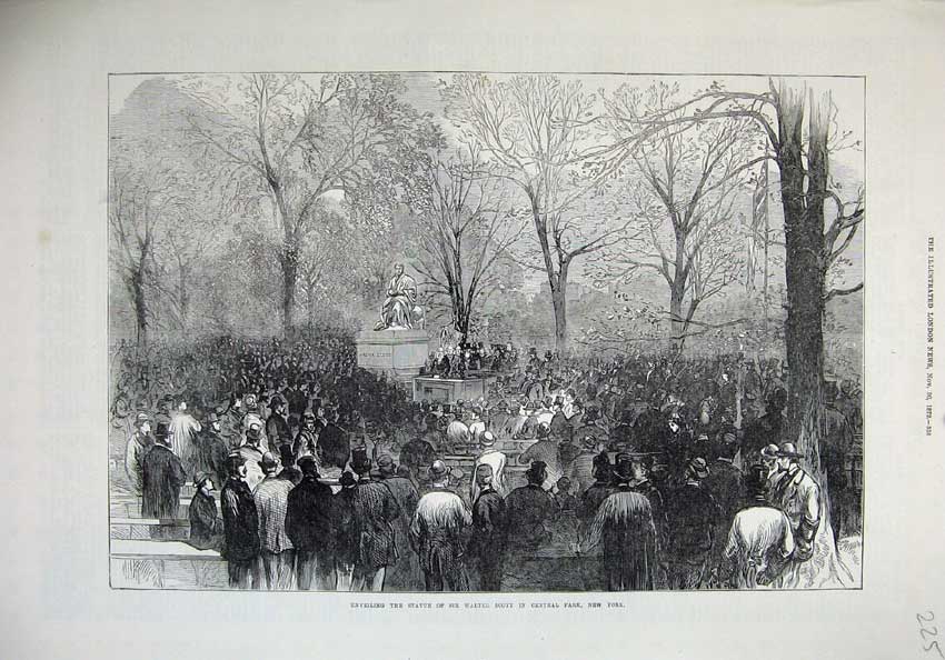Old Antique Print 1872Unveiling Statue Walter Scott Central Park New York 19th