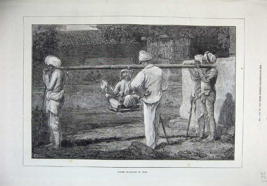 Original Old Antique Print 1872 Fine Art Native Travelling India Men Carry 19th