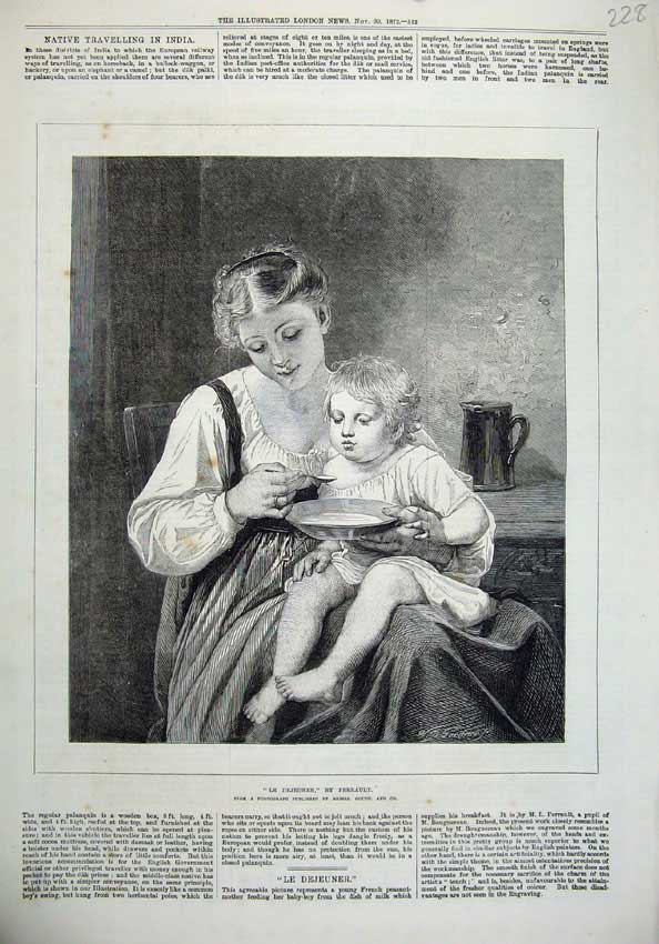Original Old Antique Print 1872 Perrault Fine Art Mother Feedig Baby Food 19th