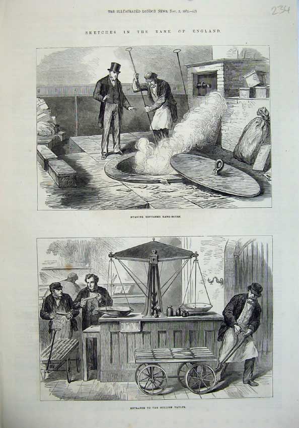 Old Antique Print 1872 Burning Notes Bank England Bullion Vaults Weights 19th