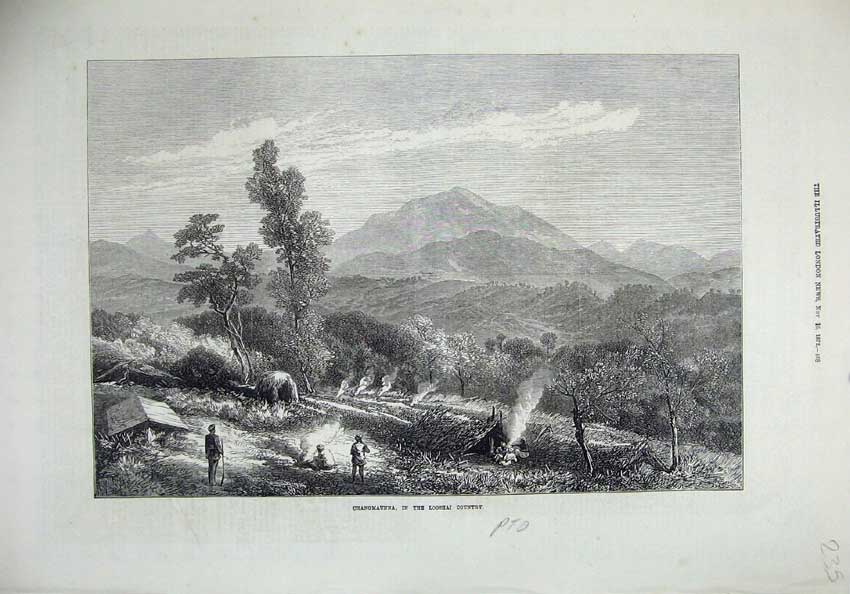 Original Old Antique Print 1872 Changmaunna Looshai Country Mountains Fine Art