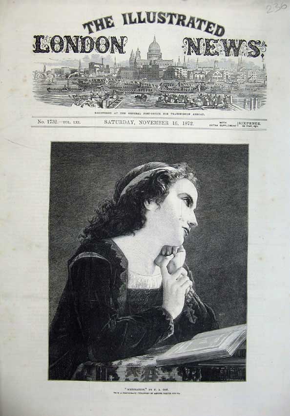Old Antique Print 1872 Fine Art Portrait Meditation Beautiful Young Girl 19th