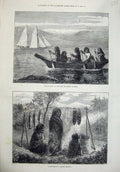 Old Antique Print Native Canoe British Columbia 1872 Salmon Fish Eaters 19th