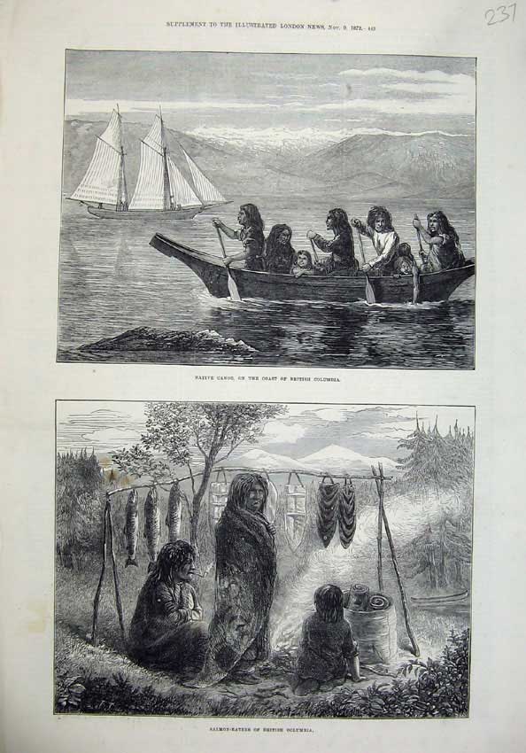 Old Antique Print Native Canoe British Columbia 1872 Salmon Fish Eaters 19th