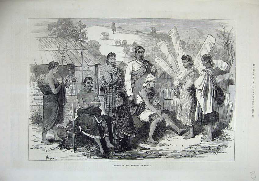 Original Old Antique Print 1872 Looshais Frontier Bengal Natives Men Country