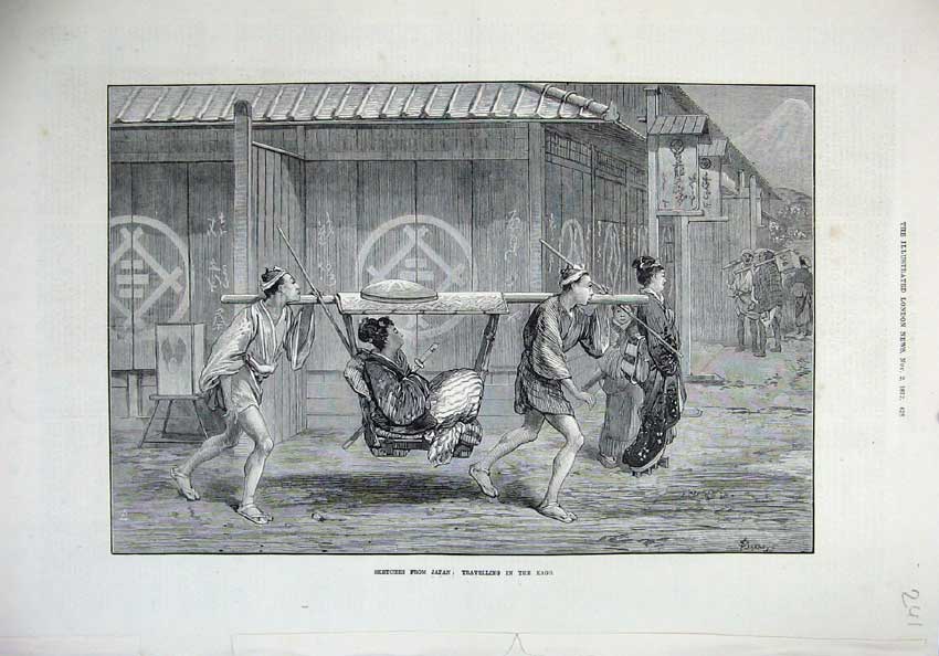 Old Antique Print 1872 Japan Travelling Kago Men Carrying Lady Woman Art 19th