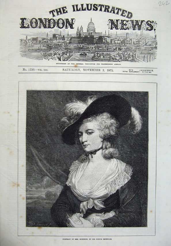 Original Old Antique Print 1872 Portrait Mrs Robinson Beautiful Woman Reyns