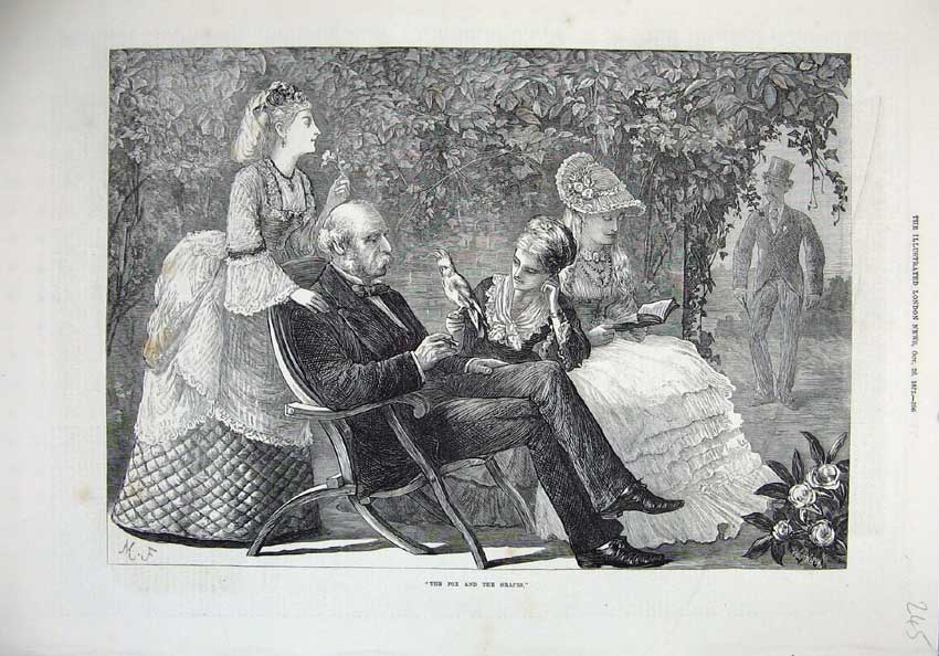 Original Old Antique Print 1872 Fine Art Men Women Romance Bird Flowers Garden