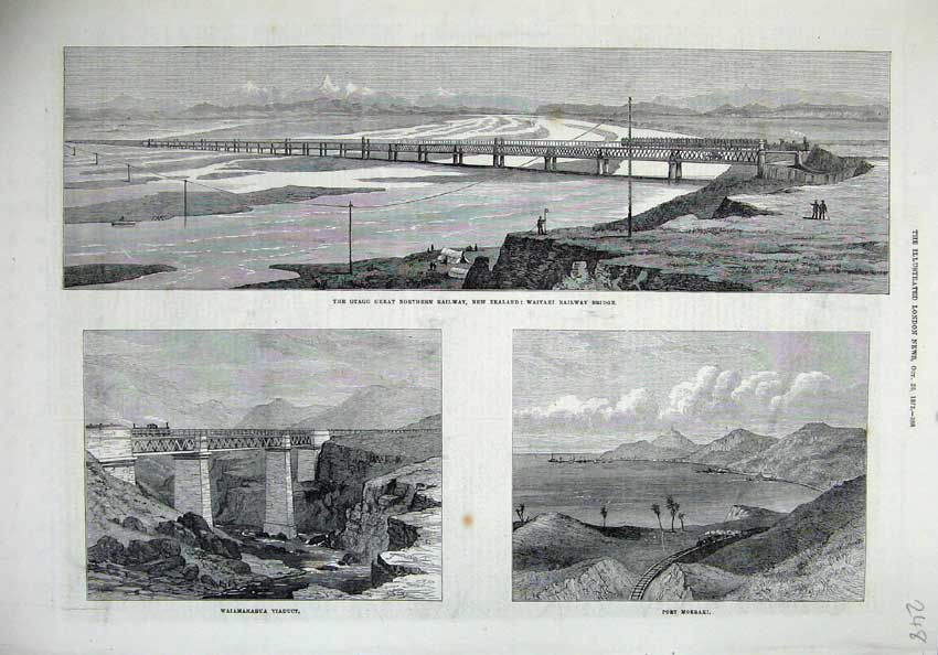 Old Antique Print Otago Railway Zealand 1872 Waitaki Bridge Viaduct Train 19th