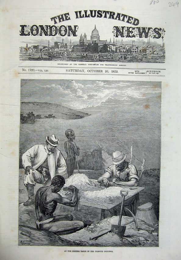 Original Old Antique Print 1872 Sorting Table Diamond Diggings Men Mining Art