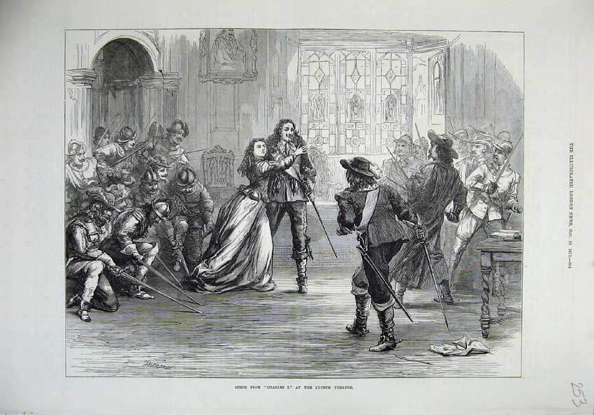 Original Old Antique Print 1872 Lyceum Theatre Scene King Charles I Sword Fight