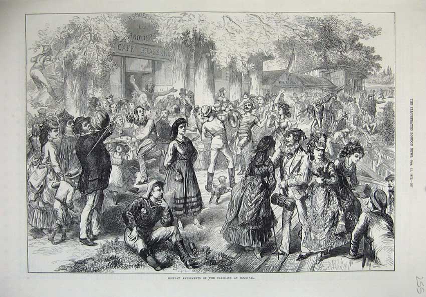 Old Antique Print 1872 Holiday Amusements Parisian People Bougival France 19th