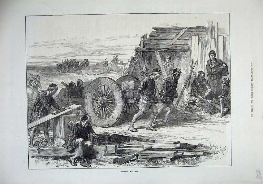 Old Antique Print 1872 Scene Japanese Workmen Men Pulling Cart Fire Wood 19th