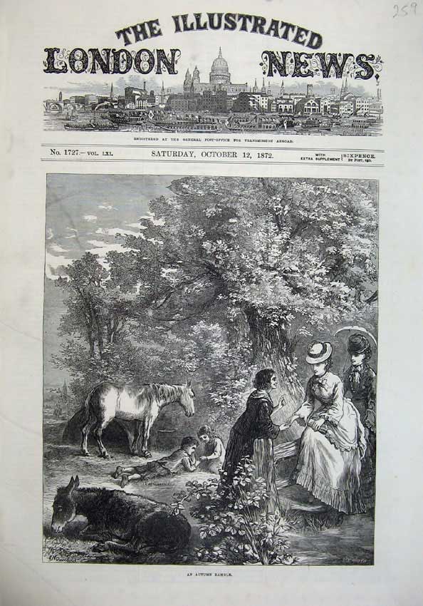 Old Antique Print 1872 Autumn Ramble Women Children Horse Donkey Country 19th
