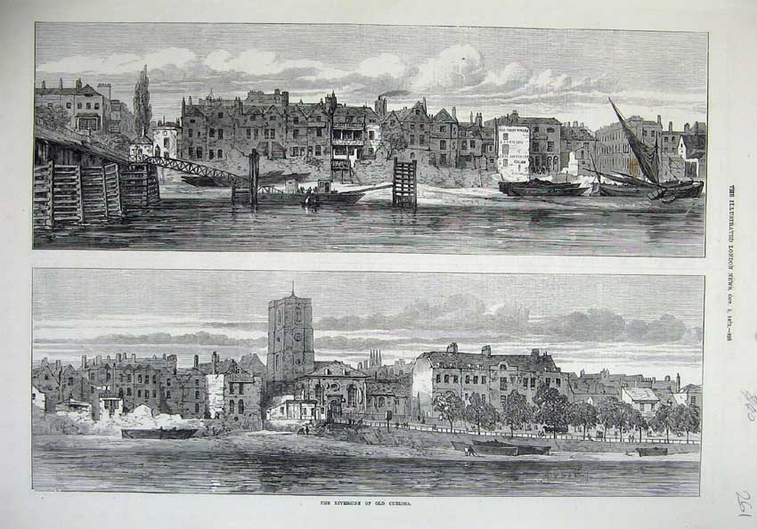 Original Old Antique Print 1872 Riverside View Chelsea Bridge Boats Buildings