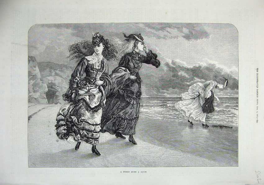 Original Old Antique Print 1872 View Beach Women Bathing Wind Blowing Fine Art