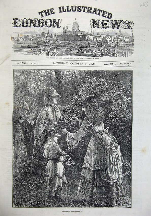 Original Old Antique Print 1872 Fine Art Women Children Gathering Blackberries
