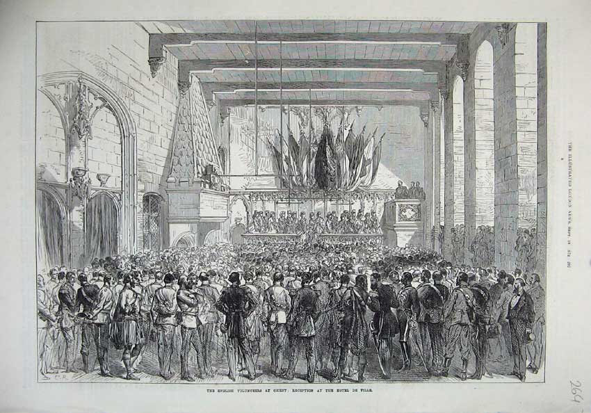 Original Old Antique Print 1872 English Volunteer Ta Army Ghent Hotel De Ville