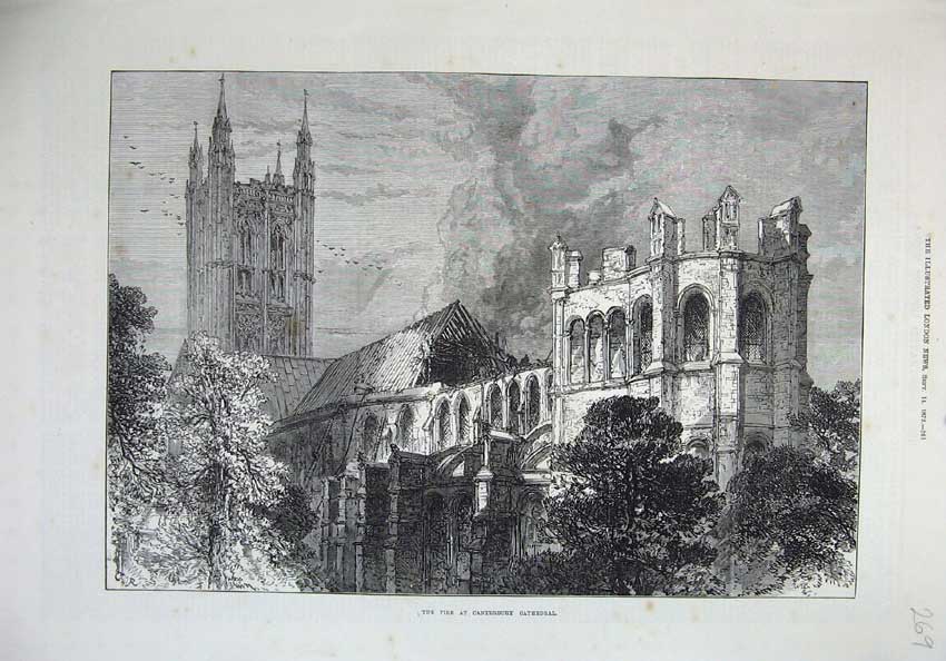 Original Old Antique Print Fine Art 1872 Fire Canterbury Cathedral Church Ruins