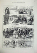 Old Antique Print 1872 Margate England Beach Jetty Cliff People Swimming 19th