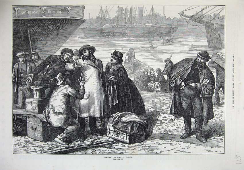Original Old Antique Print 1872 Leaving Port London Ships Rainbow Boat Fine Art