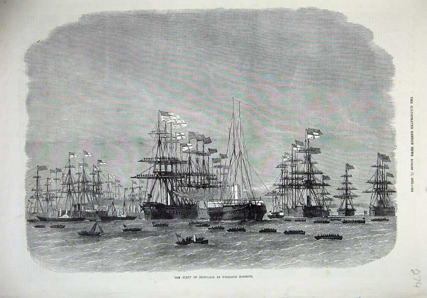 Original Old Antique Print 1872 Ship Fleet Ironclads Portland Harbour Flags Art