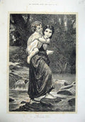 Old Antique Print Fine Art 1872 Mother Woman Baby Crossing Brook Stream 19th