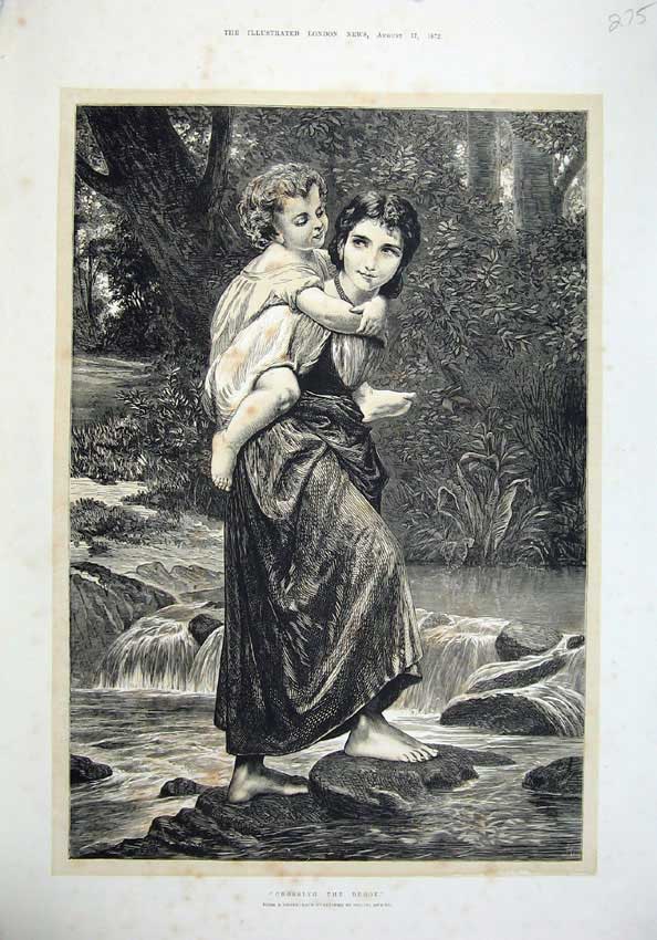 Old Antique Print Fine Art 1872 Mother Woman Baby Crossing Brook Stream 19th
