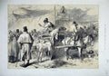Original Old Antique Print 1872 Irish Fair Cows Horses Tent People Ireland 19th