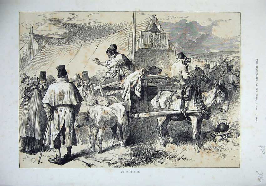 Original Old Antique Print 1872 Irish Fair Cows Horses Tent People Ireland 19th