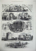 Old Antique Print 1872 Christchurch Abbey Porchester Castle Church Cross 19th