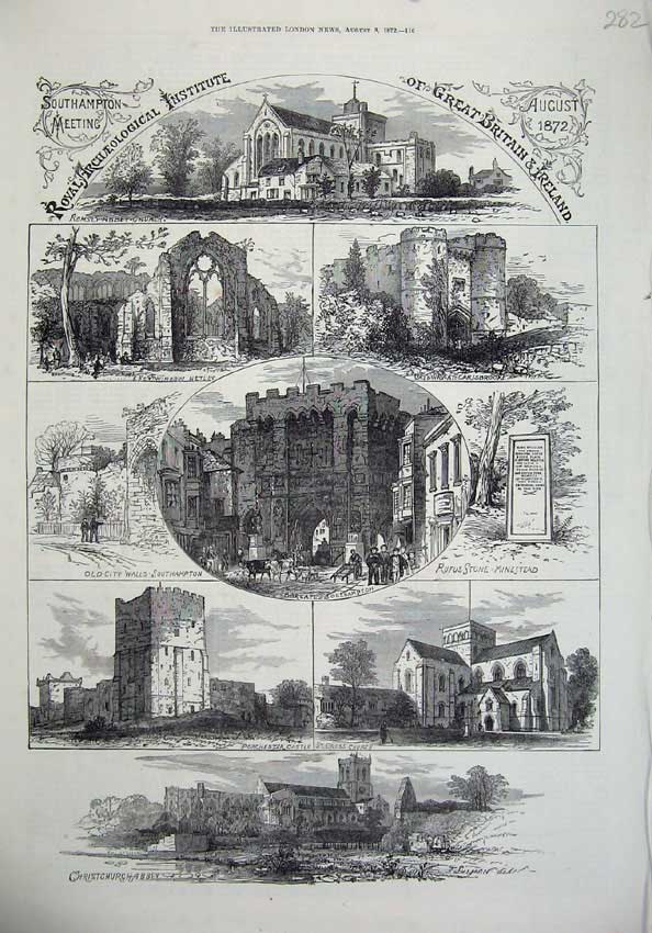 Old Antique Print 1872 Christchurch Abbey Porchester Castle Church Cross 19th