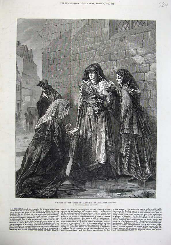 Original Old Antique Print 1872 Flight Queen James Ii Romance Johnston Fine Art