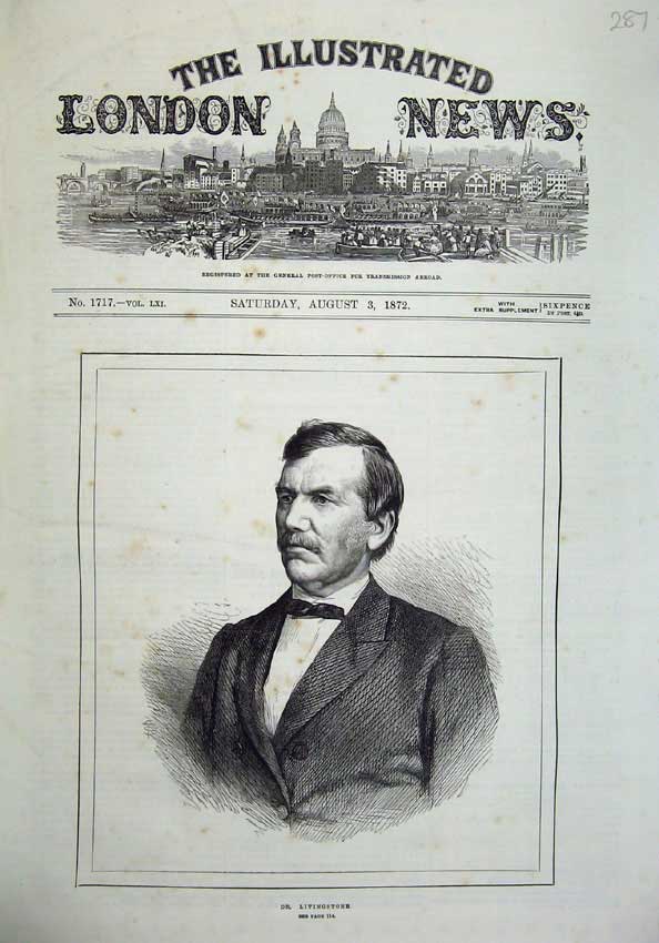 Original Old Antique Print 1872 Portrait Doctor Livingstone Man Fine Art 19th