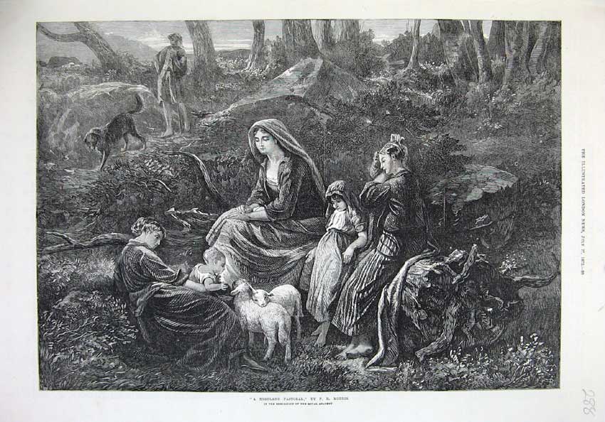 Old Antique Print 1872 Highland Pastoral Man Dog Women Children Sheep Art 19th